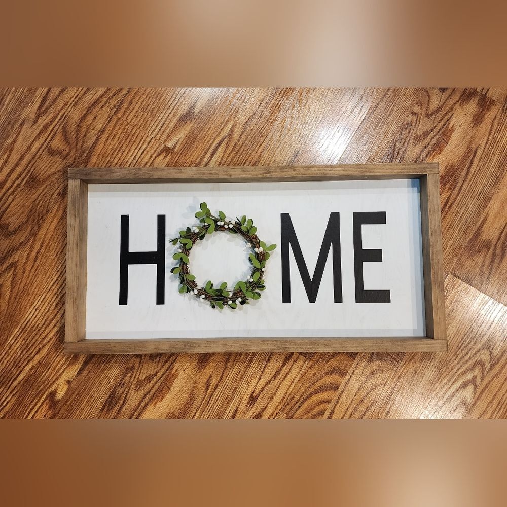 Rustic Wooden Farmhouse Framed Home Sign with Green Wreath
